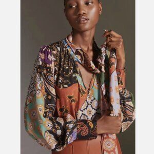 Anthropologie Conditions Apply Blouse Paisley Tie-Neck Pullover Size XS